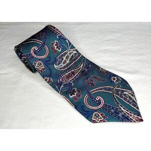 Halston Tie Mens Teal Green Paisley 100% Italian Silk Vintage Necktie USA Made‎